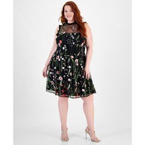 City Studios Trendy Plus Size 18W Black Mock-Neck-Embroidered Mesh Dress $109